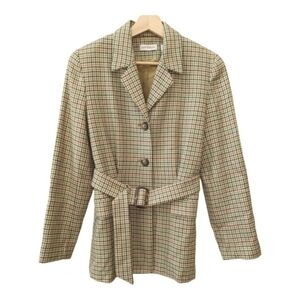 Ann Taylor wool belted blazer coat houndstooth tan green